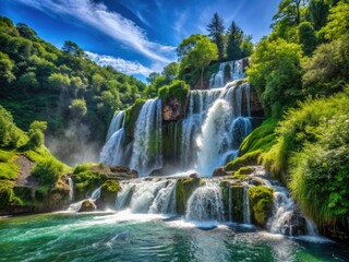 A scenic mountain landscape showcases a breathtaking waterfall, vibrant foliage, and a crystal river.