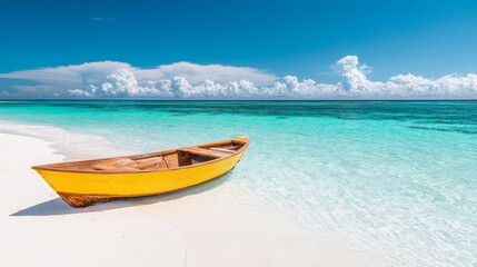 Naklejka premium A yellow boat sitting on top of a sandy beach next to the ocean