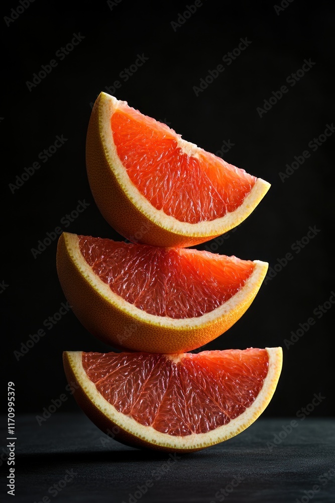 Poster three perfectly balanced grapefruit slices on a dark background.