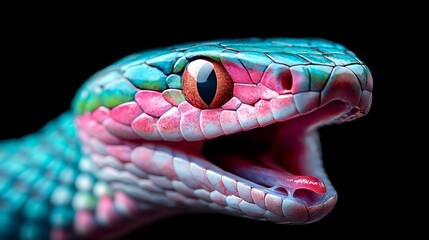 A close up of a colorful snake with its mouth open