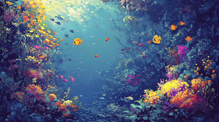 Colorful underwater scene with tropical fish swimming among vibrant corals