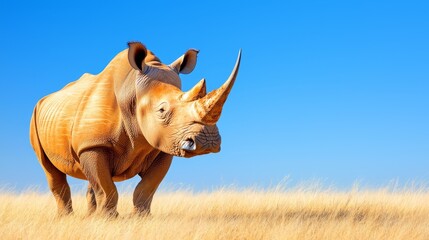 Fototapeta premium A rhino standing in a grassy field with a blue sky in the background