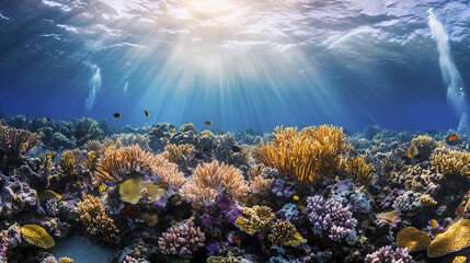 Fototapeta premium vibrant underwater view of coral reef ecosystem with sunlight