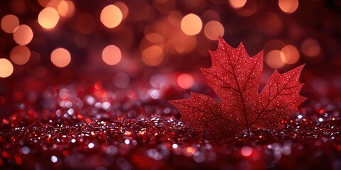 Glittery red maple leaf against a vibrant red bokeh background, symbolizing celebration and Canadian pride.
