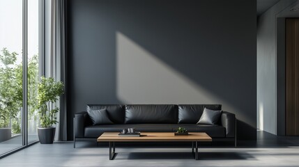 A modern luxury city apartment with grey walls, showcasing a sleek black leather couch, a wooden coffee table, and minimalist decor. The room is bathed in natural light from expansive windows.