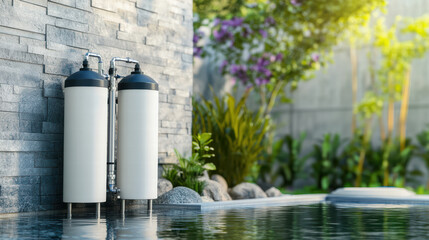 Water filtration system beside serene pool, surrounded by lush greenery and flowers, providing natural and clean water for refreshing experience