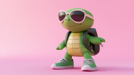 Cute cartoon turtle wearing sunglasses and backpack, ready for adventure.