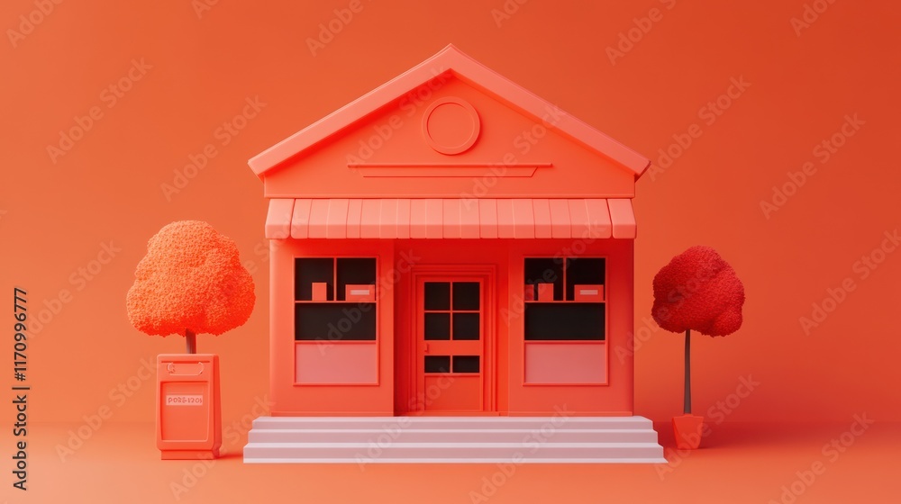 Poster Minimalist 3D rendering of a small shop with trees and mailbox.
