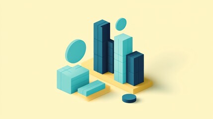 Abstract 3D isometric illustration of teal and navy blue geometric shapes on a pale yellow background, representing growth or data.
