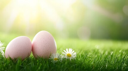 Fototapeta premium Two pink eggs sitting in the grass with daisies in the background