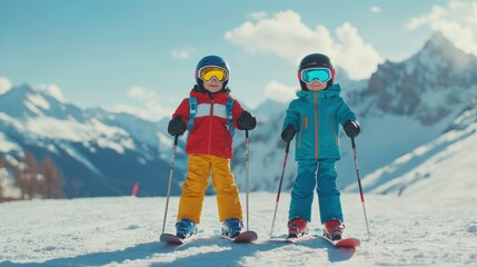 Child skiers at mountain top in ski resort.
