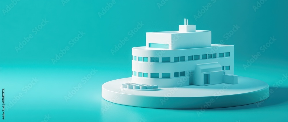 Poster minimalist white building model on cyan background.
