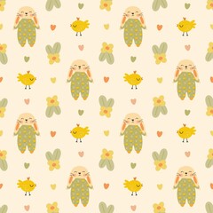 Seamless pattern with playful bunnies in colorful outfits, yellow chicks, and floral motifs, perfect for spring or Easter designs