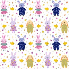 A seamless pattern featuring cheerful bunnies in vibrant outfits, yellow chicks, and floral elements, ideal for spring or Easter-themed designs