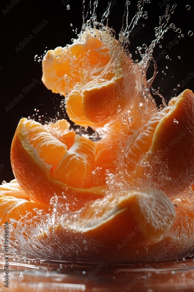 Poster peeled orange segments splashing in water.