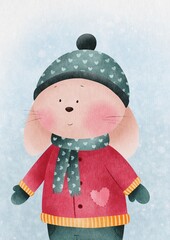 Cute watercolor bunny in a cozy winter outfit with a heart-patterned scarf and beanie on a snowy background
