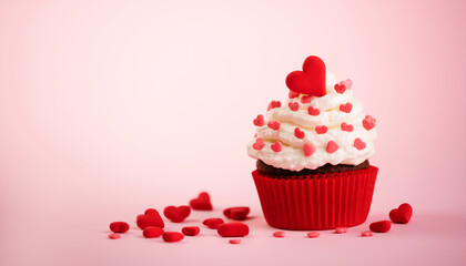 Happy Valentines day. Festive cupcake with red hearts on pink background. Concept for celebrations love.