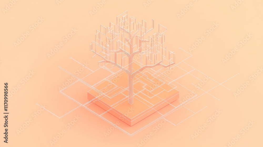 Poster Abstract minimalist 3D rendering of a tree on a geometric platform.
