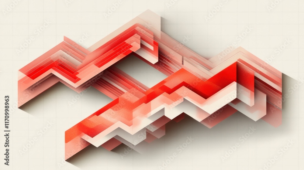 Poster Abstract red and white geometric shapes with depth and shadow.