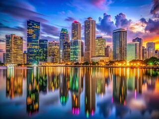 Fototapeta premium Miami Skyline Panorama at Night: Stunning Urban Skyscrapers & Downtown Views