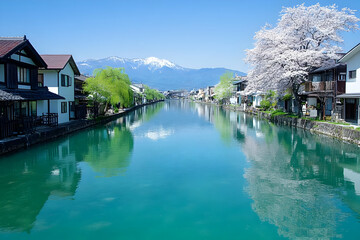 Fototapeta premium Scenic Canal, Mountain View, Spring Blossoms