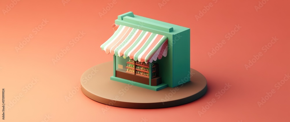 Poster Isometric 3D rendering of a small shop with striped awning on a round platform.