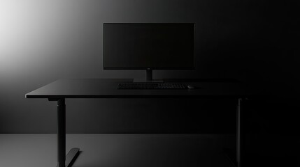 Black desk with sharp clarity against a 3D-rendered blurry gray gradient background, combining simplicity and elegance.