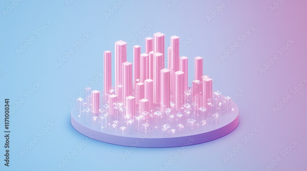 Aufkleber Abstract 3D rendering of pink geometric shapes on a circular platform, resembling a futuristic city or data visualization.