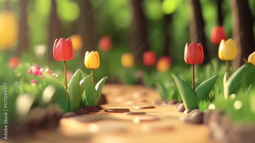 Poster sunlit path through a whimsical forest with cartoon tulips.