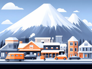 Snowy Village Winter Illustration