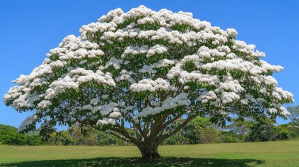 Botanical wonder: a blooming white ipe tree with lush, vibrant flowers against a serene, clear blue sky.