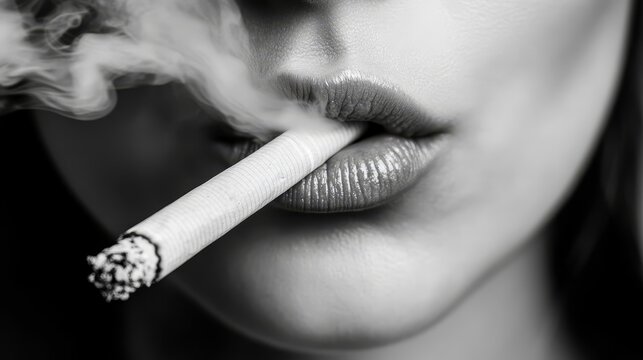 A woman smoking a cigarette in black and white