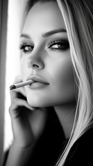 Obraz premium A woman smoking a cigarette in front of a window