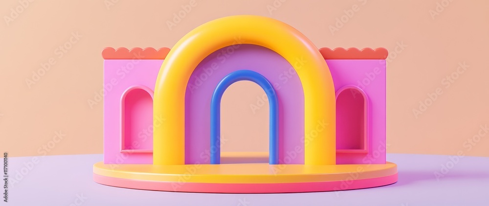 Aufkleber Colorful 3D rendering of a whimsical archway structure with pink and yellow elements.