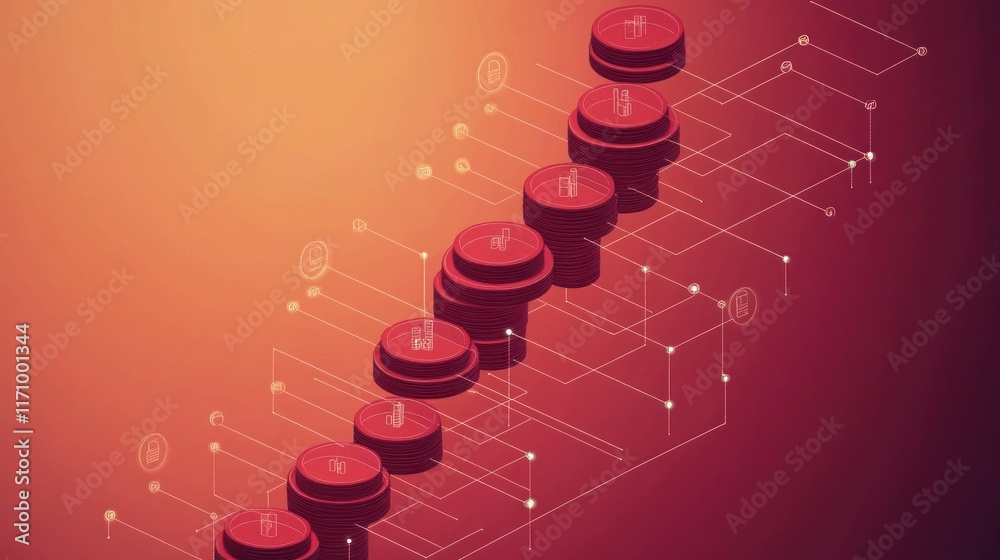 Poster Abstract isometric illustration of interconnected red cylinders representing data flow or process stages.