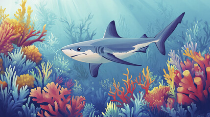 Obraz premium reef shark swims gracefully among vibrant coral reefs in clear water