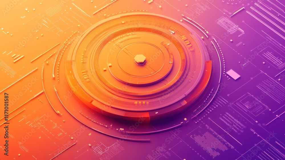 Poster Abstract technology background with orange and purple circular design element.