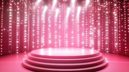 Bright pink stage featuring radiant silver lights and a sleek podium in the center, AI-created for elegance.