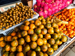 The display of fruits and vegetables in market. 