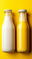 Two bottles of milk and orange juice on a yellow background
