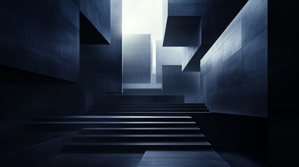 Abstract architectural background with dark, high walls and geometric steps, subtly lit by diffused light. The modern design is sleek and minimalistic, focusing on high detail and visual impact.