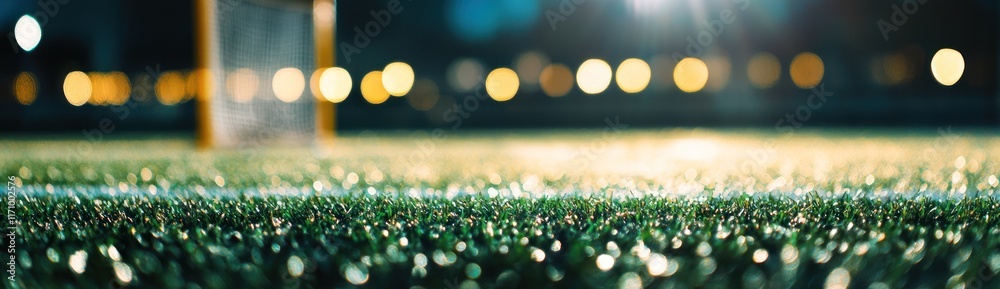 Poster close-up of artificial turf at night with blurred stadium lights in background.