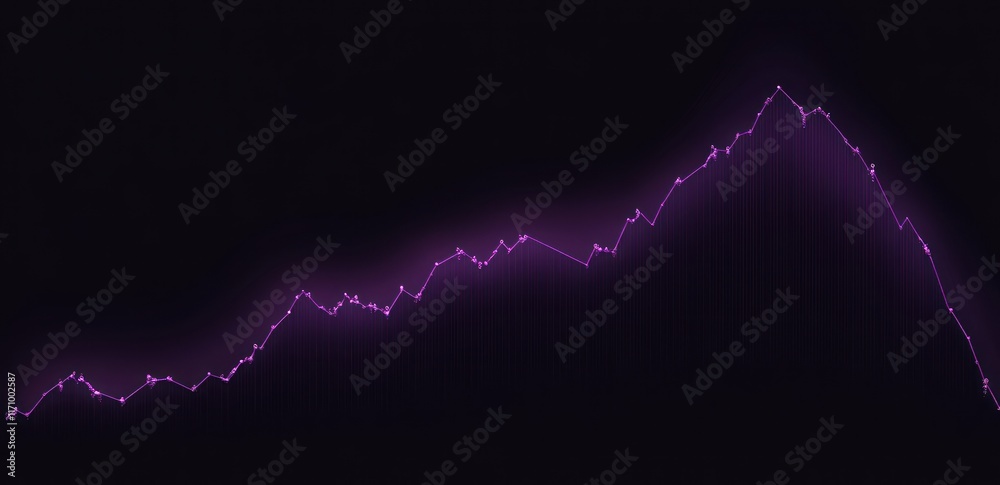 Poster abstract purple glowing line graph on dark background, showing upward and downward trends.