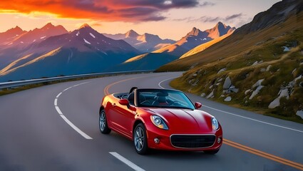 Naklejka premium Red convertible cruises scenic mountain road at sunset. Breathtaking views, thrilling drive!