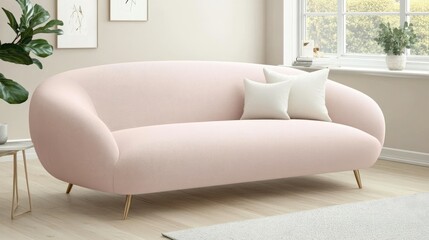 Stylish living room features a pastel pink sofa, wooden flooring, and natural light streaming through the window, embodying minimalism