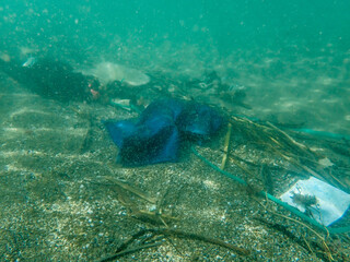 Bag in underwater, Environmental pollution problem plastic bottle in sea, Plastic rubbish garbage pollution in ocean, Plastic Bag floating underwater in Mediterranean sea, Plastic ocean pollution.