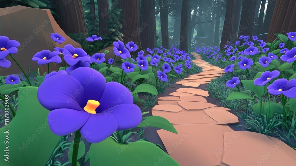 Poster low-poly 3d render of a winding stone path through a forest, lined with vibrant purple flowers.
