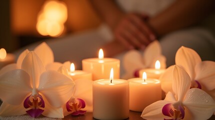 Tranquil spa ambiance: Soft candlelight illuminates delicate orchids, creating a peaceful, relaxing atmosphere. Perfect serenity.