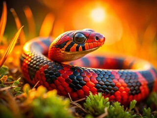 Miniature Black, Red, and Orange Snake in Vibrant Grassland - Tilt-Shift Photography
