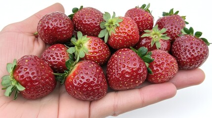 Obraz premium Close-up drone shot of a single hand holding a small cluster of ripe strawberries, isolated on white.